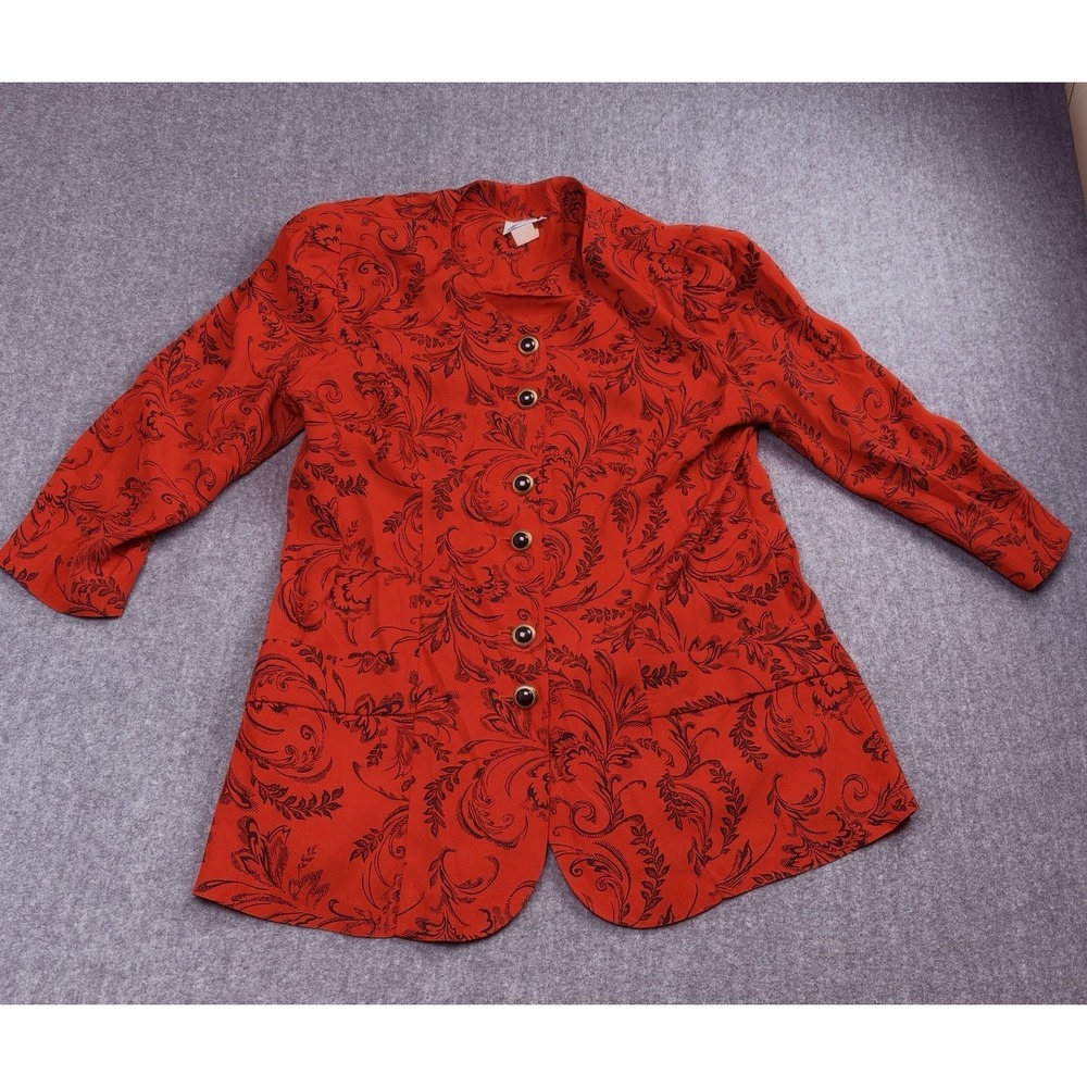 Vintage Good Times Red Black Floral Button Front Blouse Womens 14 Made USA